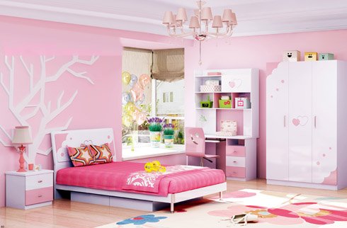 Bộ phòng ngủ đồng bộ công chúa cho bé gái tone màu hồng nhẹ nhàng