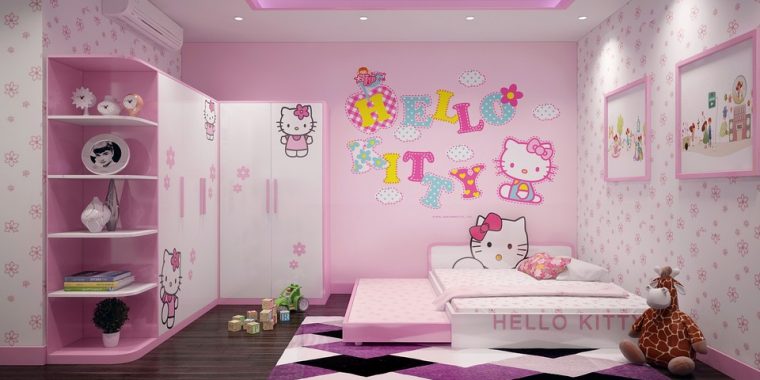 Trang trí phòng ngủ cho bé gái màu hồng cùng mẫu giường Hello Kitty