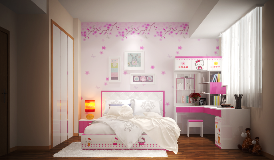 Trang trí phòng ngủ cho bé màu hồng bằng giấy dán tường